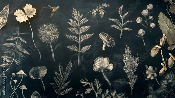 Fototapeta Vintage botanical showcasing a diverse array of wild flowers plants herbs and botanical elements on a dark monochrome background  This scientific drawing style engraving creates a timeless elegant