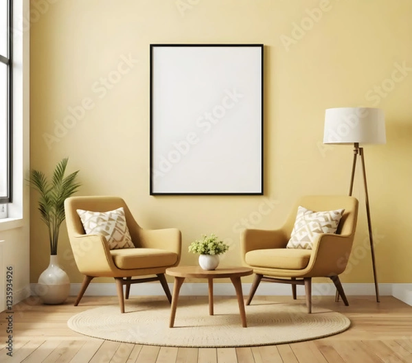 Fototapeta Frame mockup, ISO A2 size. Dining room wall visual mockup. Interior mockup with vibrant background. Contemporary interior design