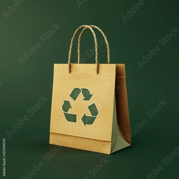 Fototapeta Biodegradable Shopping Bag Mockup Made from Recycled Paper, Twisted Handles, Placed on a Rich Forest Green Background, Subtle Lighting