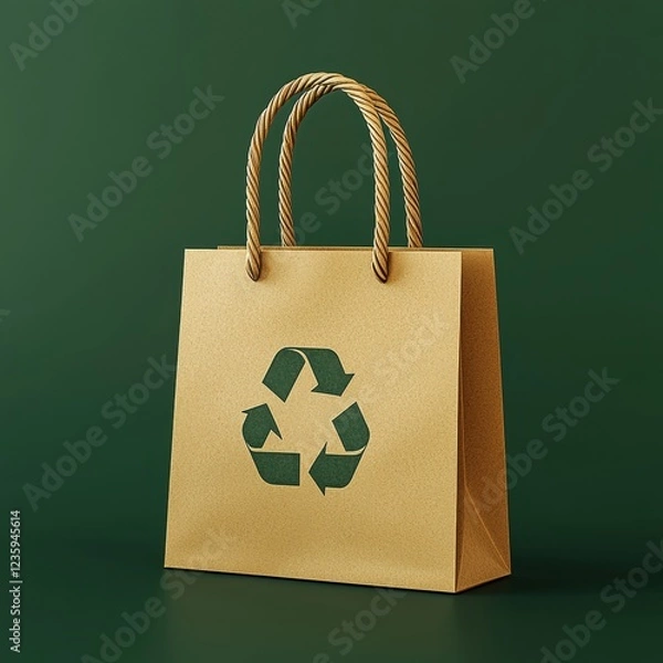 Fototapeta Biodegradable Shopping Bag Mockup Made from Recycled Paper, Twisted Handles, Placed on a Rich Forest Green Background, Subtle Lighting
