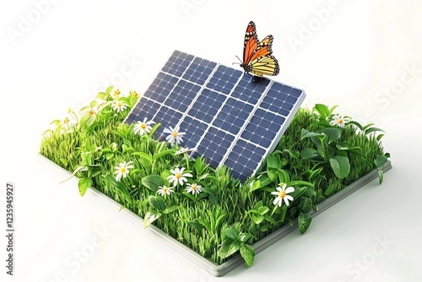 Obraz Solar Panel Surrounded by Greenery, Flowers, and a Butterfly