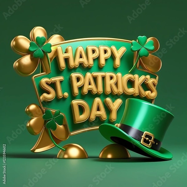 Fototapeta Happy St Patrick's Day banner with Realistic leprechaun hat, green clovers and gold lettering. 3D illustration of Happy St Patricks Day social media post template design