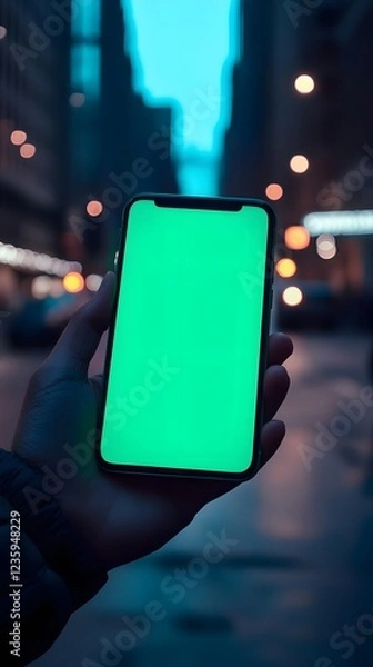 Fototapeta A hand holding a smartphone with a bright green screen in a city setting.