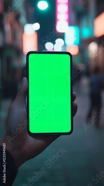 Fototapeta A hand holds a smartphone with a bright green screen in a blurred urban night setting.