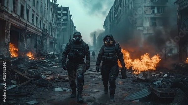 Obraz A man woman in full armor and a gas mask in a post-apocalyptic world