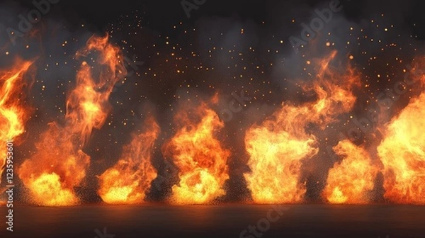 Fototapeta Set of burning fires, flames, and sparks on transparent background for use on light backgrounds,