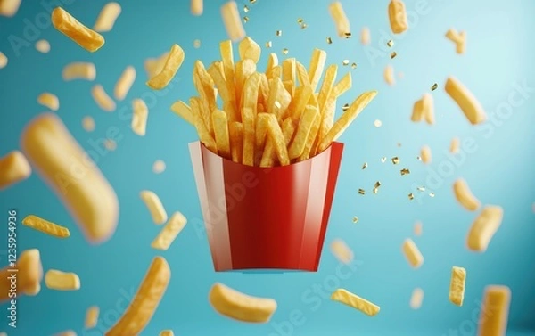 Fototapeta Crispy French Fries Box Floating on an Abstract Geometric Background, with Golden Fries Scattered Around in Mid-Air