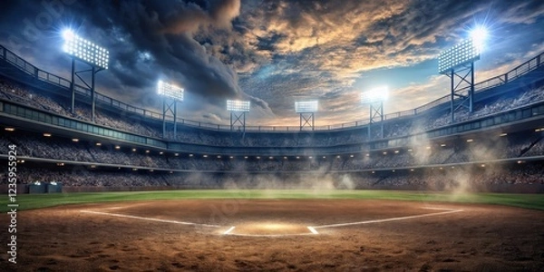 Fototapeta Baseball field at dusk with eerie atmosphere, smoke and dust particles suspended in air under bright stadium lights, twilight sports scene, isolated ballpark