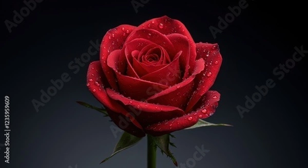 Fototapeta Beautiful Close-Up Photograph of a Red Rose with Dew Drops Against Black Background for Floral and Romantic Themes