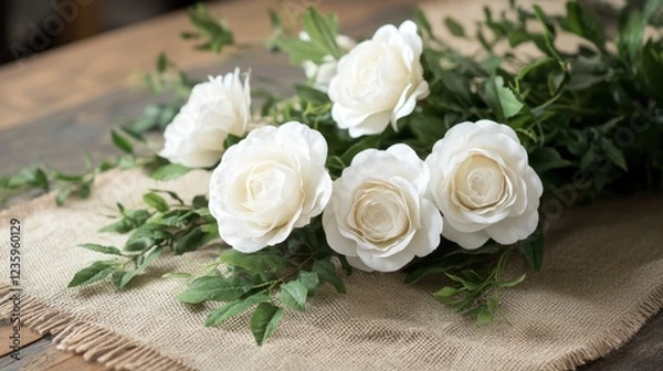 Fototapeta A delicate arrangement of white artificial roses, surrounded by greenery, resting on a rustic burlap table runner.