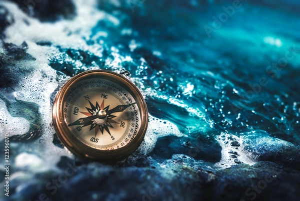 Obraz compass on rocks with a dark sky