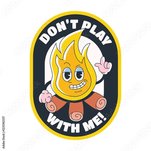 Fototapeta Sticker, emblem, mascot, stamp in trendy groove style on an isolated background. Comical retro playful campfire character