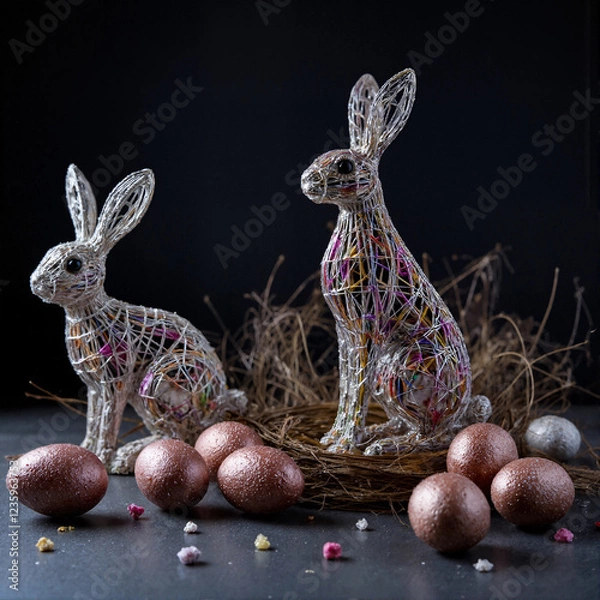 Fototapeta Glowing wire rabbits and eggs on a dark background