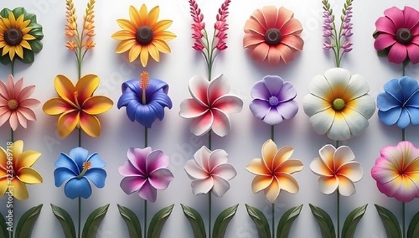 Fototapeta Spring flowers. 3d colorful daisy flower collection. 3d Different Flowers Set Plasticine Cartoon Style Include of Flower Plant, Leaf, Tree and Shrub. Vector illustration
