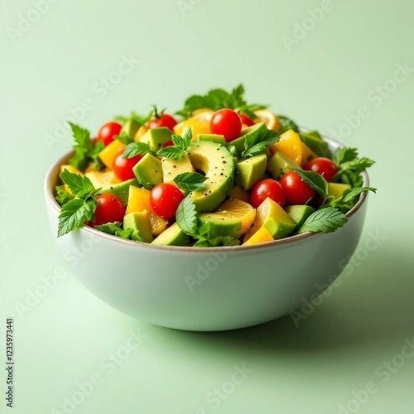 Obraz High-Resolution Overhead View of a Fresh Salad Bowl with Crisp Leafy Greens, Avocado, Cherry Tomatoes, Colorful Vegetables, and a Zesty Lemon Garnish

