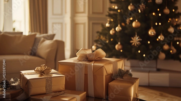 Obraz Christmas gifts with golden wrapping under a decorated tree