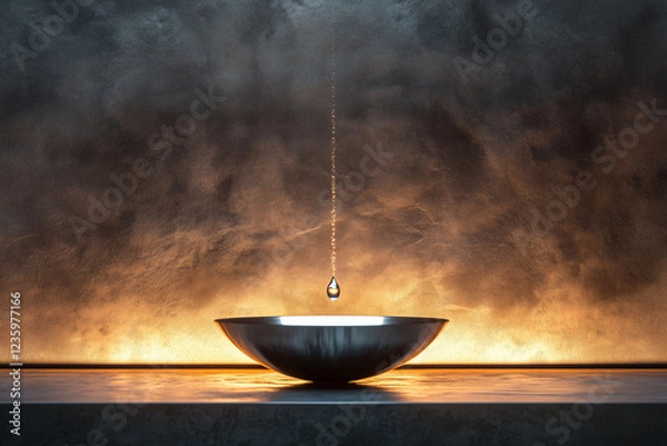 Fototapeta Water drop falling into metal bowl against textured background