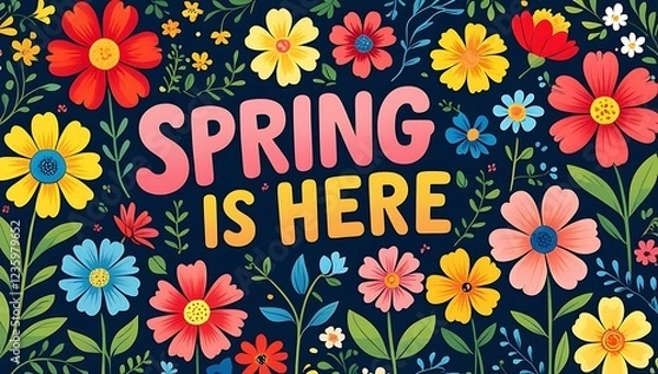Fototapeta spring is here lettering with colorful flowers for summer and spring celebration banner, poster. floral sheamless pattern.