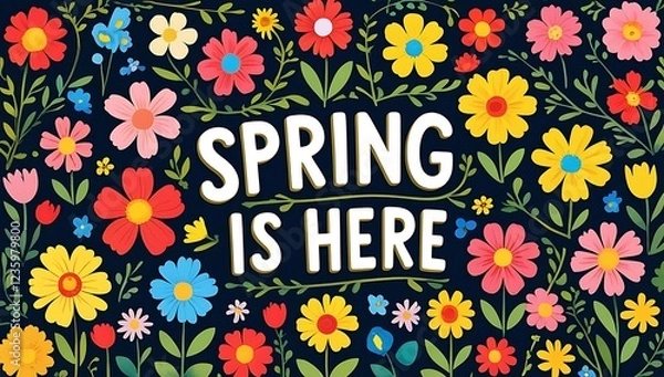 Fototapeta spring is here lettering with colorful flowers for summer and spring celebration banner, poster. floral sheamless pattern.