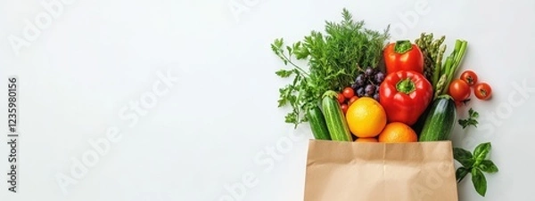 Fototapeta Fresh produce overflowing from a paper bag on a white background. (1)