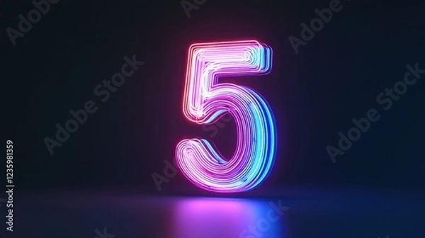 Fototapeta Glowing Neon Number Five on Dark Background