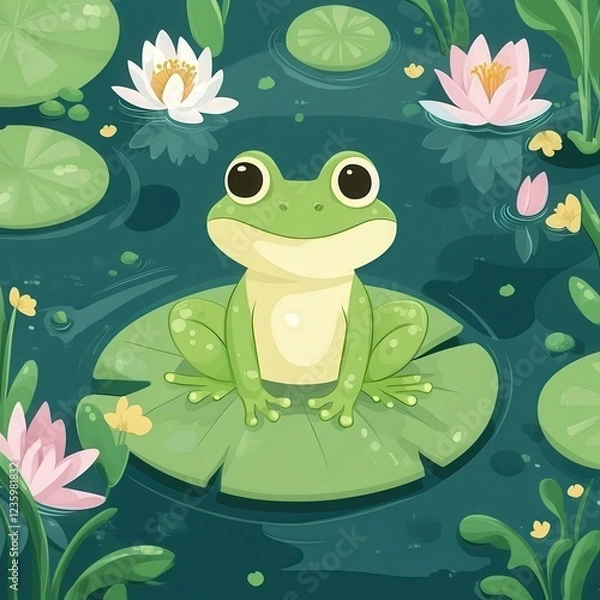 Obraz Cute Cartoon Frog Sitting on Lily Pad  
