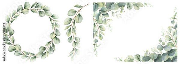 Fototapeta Watercolor set of frames and wreaths with green eucalyptus leaves and branches. Greenery clipart for wedding invitation, greeting cards, save the date, stationery design.  Hand drawn illustration.