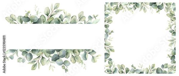 Fototapeta Watercolor set of  frames  with green eucalyptus leaves and branches. Greenery clipart for wedding invitation, greeting cards, save the date, stationery design.  Hand drawn illustration.