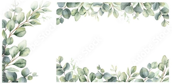 Fototapeta Watercolor set of frames and wreaths with green eucalyptus leaves and branches. Greenery clipart for wedding invitation, greeting cards, save the date, stationery design.  Hand drawn illustration.