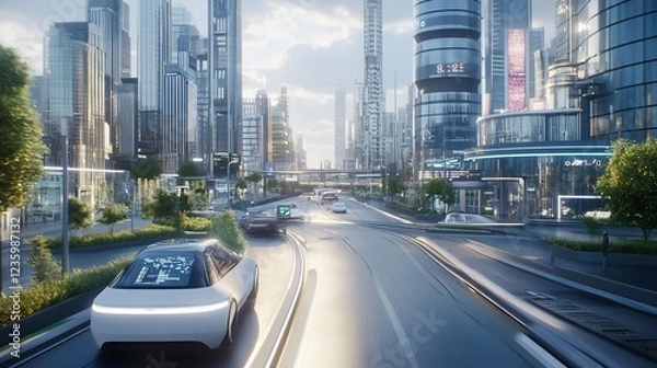 Fototapeta Futuristic cityscape with self driving cars and modern architecture on a sunny day