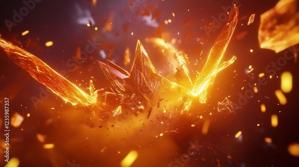 Fototapeta Abstract explosion of bright orange crystal fragments with a dynamic fiery effect
