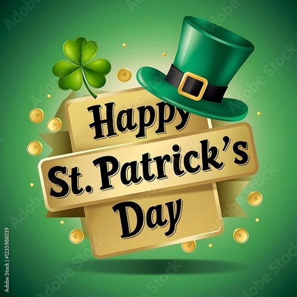 Fototapeta Happy St Patrick's Day banner with Realistic leprechaun hat, green clovers and gold lettering. 3D illustration of Happy St Patricks Day social media post template design