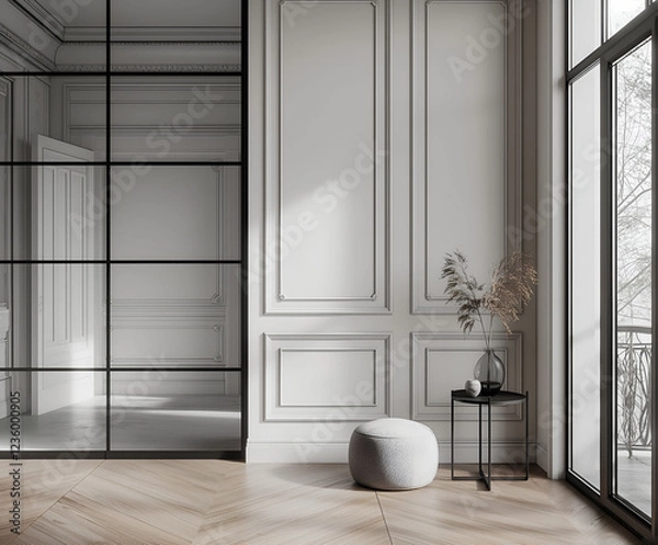 Fototapeta Aesthetic elegant minimalist modern interior design. Clear mock up empty wall for decoration in the apartment. Copy space in the room.