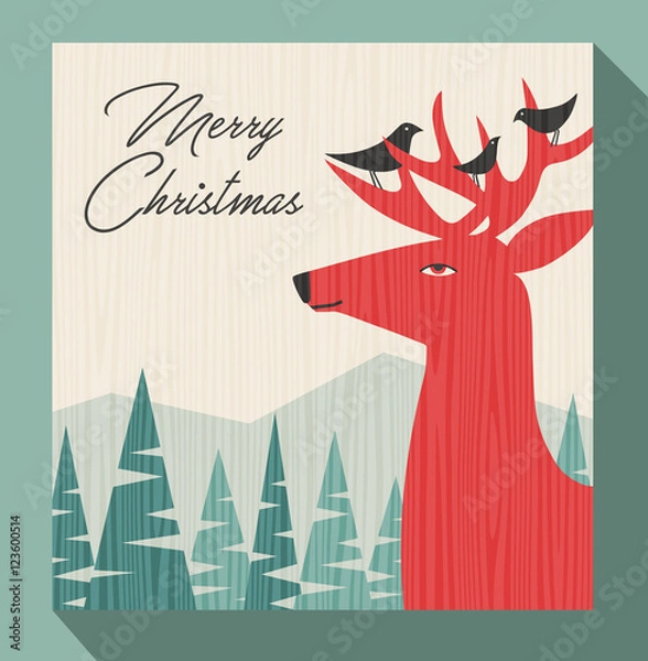 Fototapeta retro christmas greeting card winter scene with deer and birds perched on his antlers