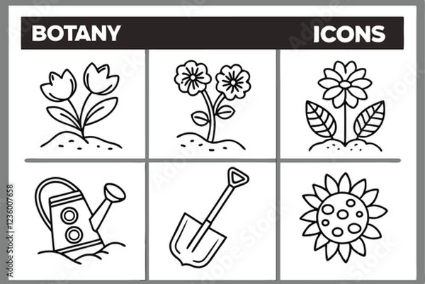 Fototapeta A simple line drawings of botanical icons, each representing a different plant or flower. The icons are arranged in a 6x5 grid, with each icon occupying a single square. The background is white, and t