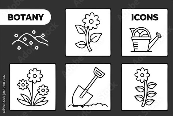 Obraz A simple line drawings of botanical icons, each representing a different plant or flower. The icons are arranged in a 6x5 grid, with each icon occupying a single square. The background is white, and t