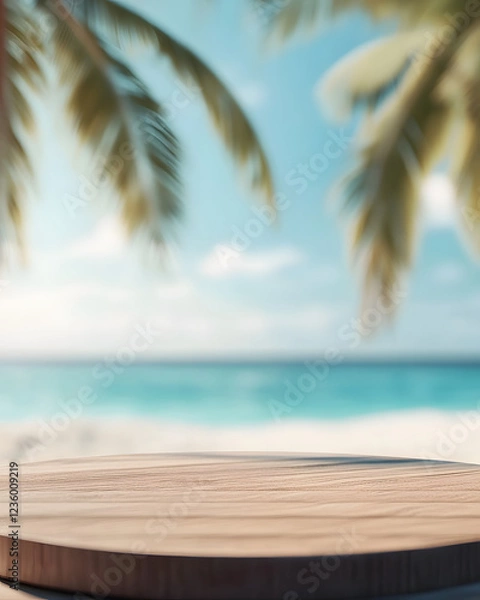 Fototapeta empty wooden podium, palm trees on a tropical beach with clear water and blue skies