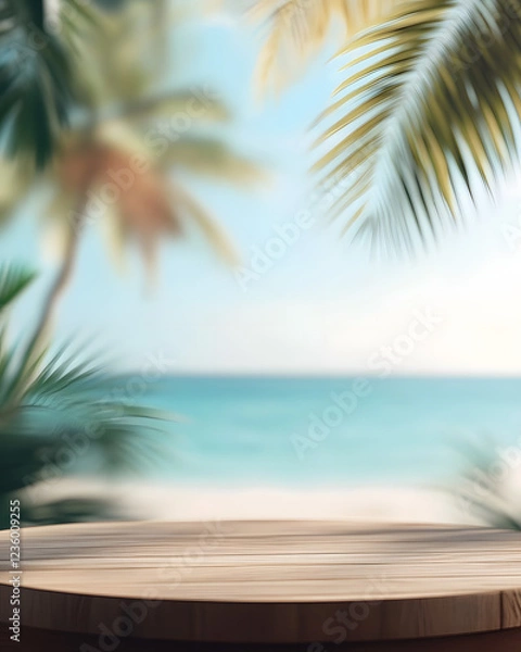 Obraz empty wooden podium, palm trees on a tropical beach with clear water and blue skies