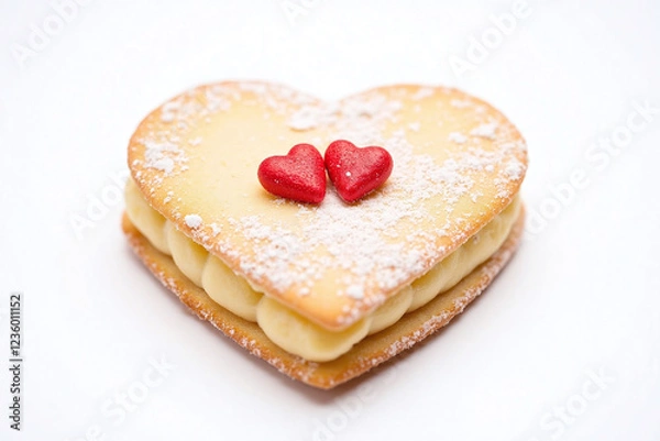 Fototapeta Heart shaped cookie with sugar and red candies on white