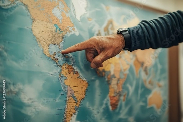 Fototapeta Exploring the World: A Pointing Hand on a Detailed Map
