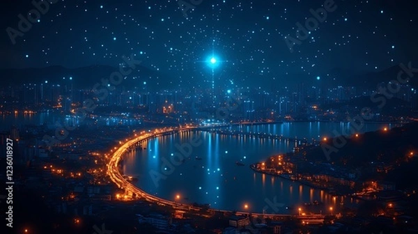 Obraz Night city data stream tower futuristic landscape