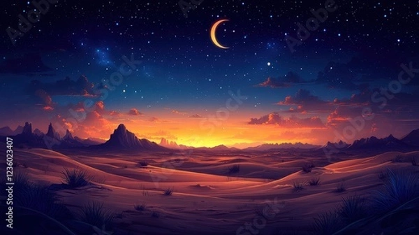 Fototapeta Serene Desert Landscape at Night with Starry Sky and Crescent Moon Illuminating the Horizon and Sand Dunes Under a Tranquil Atmosphere