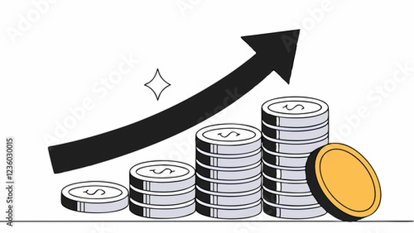 Fototapeta A series of stacked coins increases in height from left to right, symbolizing financial growth. An upward arrow above the stacks further emphasizes the concept of rising wealth or profits.AI