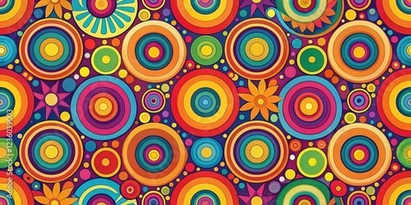 Fototapeta A vibrant and colorful abstract pattern featuring concentric circles in various shades of red, orange, yellow, green, blue, purple and pink, with a touch of white and black dots and starburst shapes.