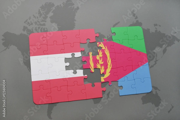 Fototapeta puzzle with the national flag of austria and eritrea on a world map background.