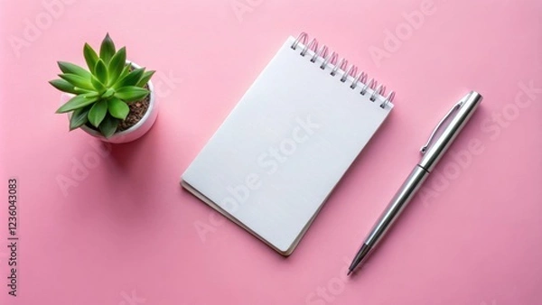 Fototapeta A blank notepad with a silver pen and a succulent plant on a pink surface