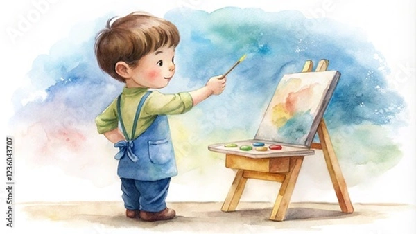 Obraz Charming watercolor illustration of a young child painting on a canvas,  AI generated