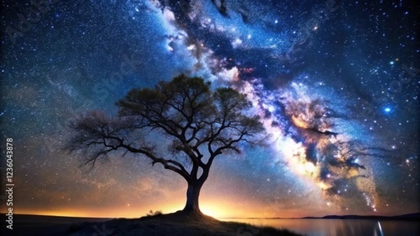Obraz Silhouetted Tree Standing Tall Beneath A Vast Night Sky Filled With Millions of Stars, Glowing Clouds of the Milky Way, and a Distant Horizon