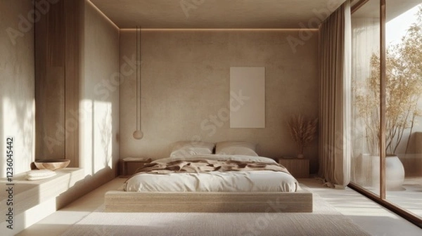 Fototapeta Serene Minimalist Bedroom Interior Design with Natural Light and Wooden Platform Bed