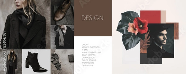 Fototapeta Images combine sophisticated fashion with earthy tones, featuring modern design elements and portraits. Ideal for creative projects like posters, banners, moodboards, and covers